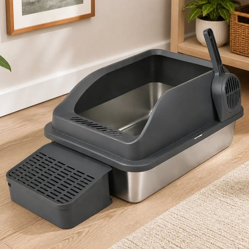 Stainless Steel Cat Litter Box Large High Sided Semi Enclosed Easy Clean Grey