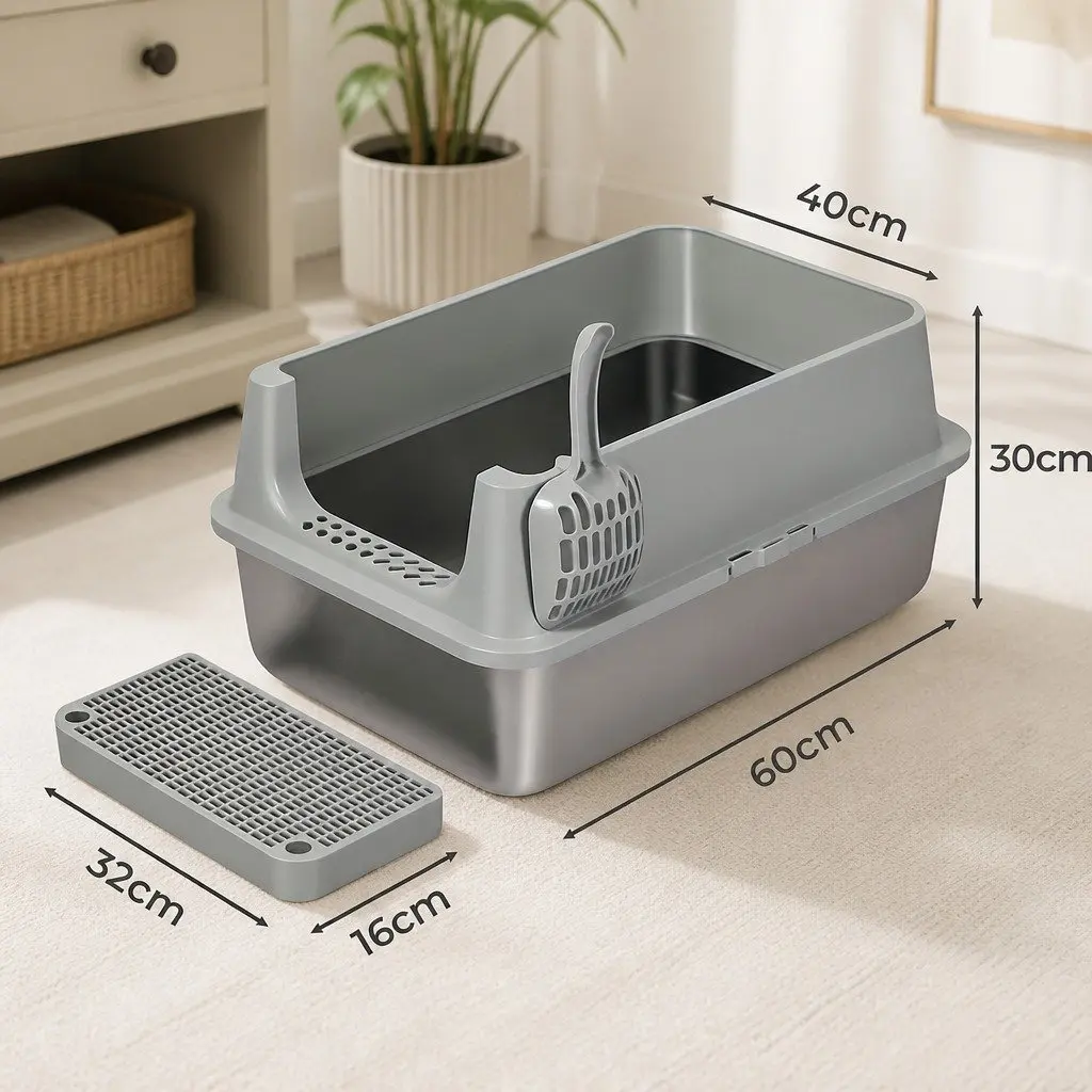 Large Cat Litter Box Semi-Enclosed High Sided Splash Proof Tray Grey