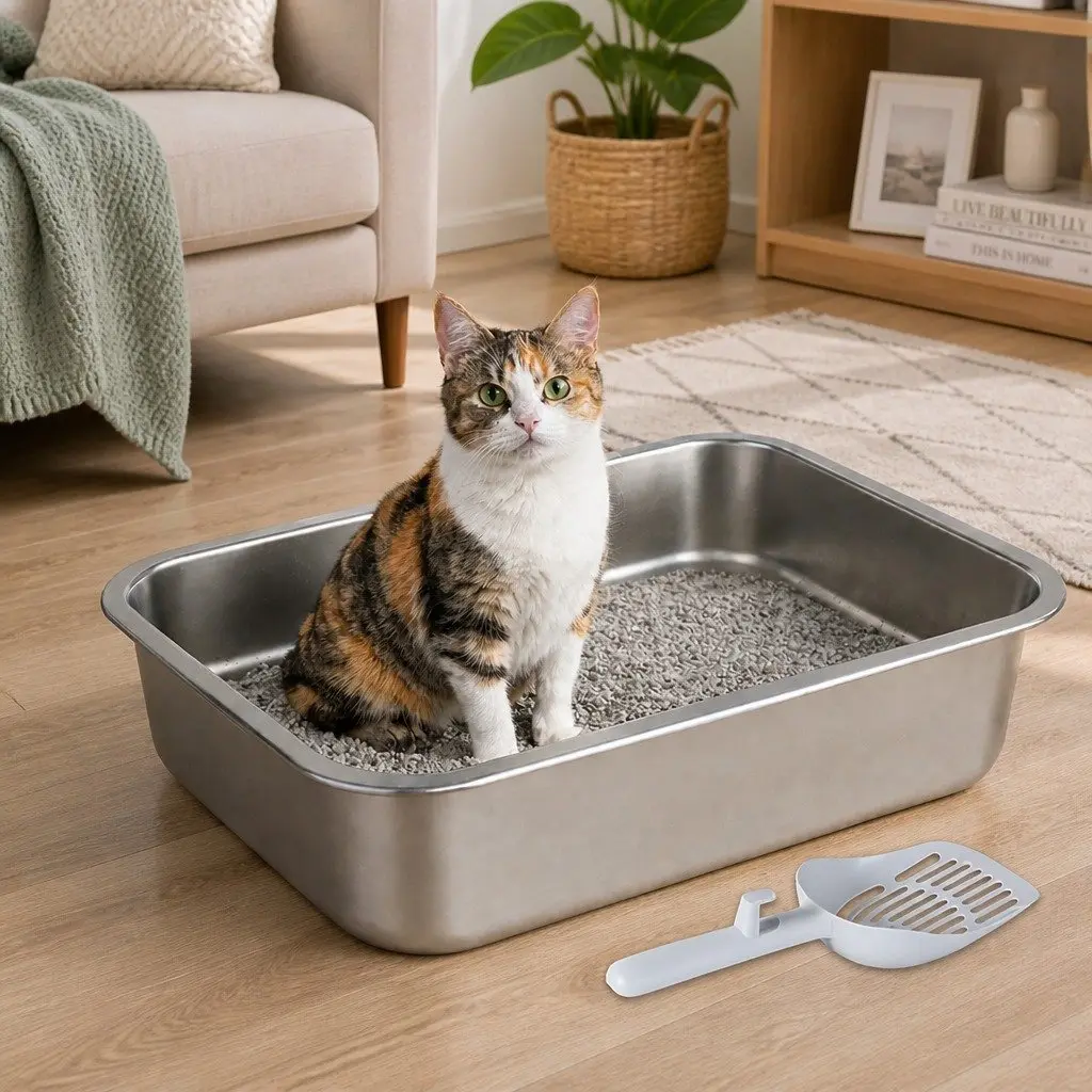 Stainless Steel Cat Litter Box Open Design Small Animals Easy Entry Clean 10cm