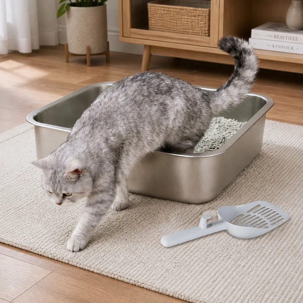 Stainless Steel Cat Litter Box Open Design Small Animals Easy Entry Clean 10cm