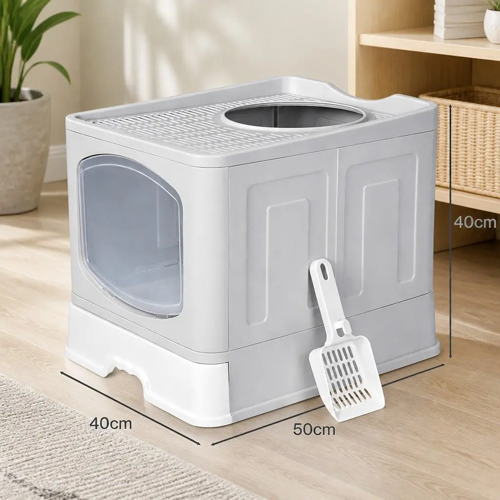 Large Cat Litter Box Top Entry Foldable Covered Tray Enclosed Private Space Grey