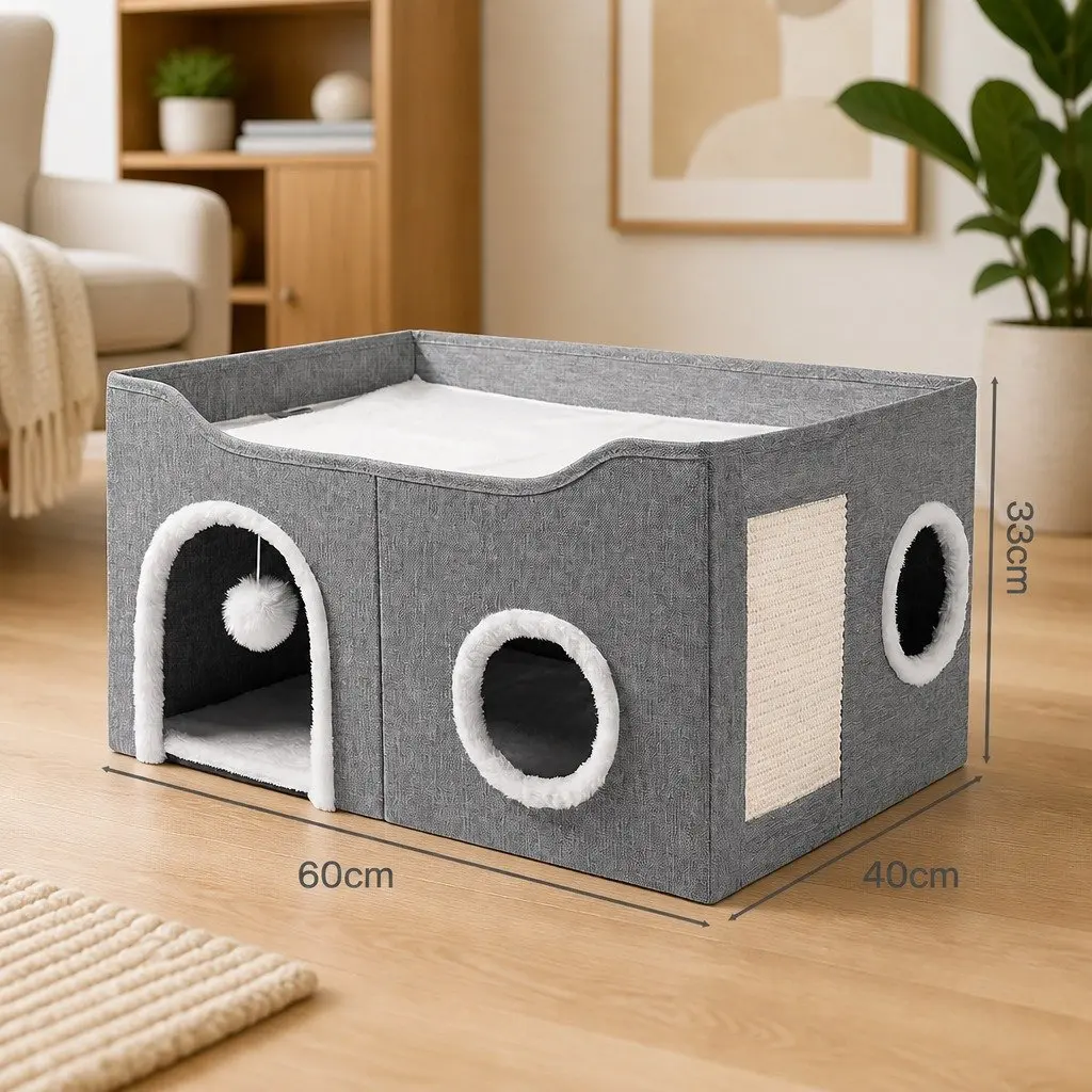 Foldable Cat House Bed Hideaway with Scratching Board Light Grey 60cm x 40cm x 33cm
