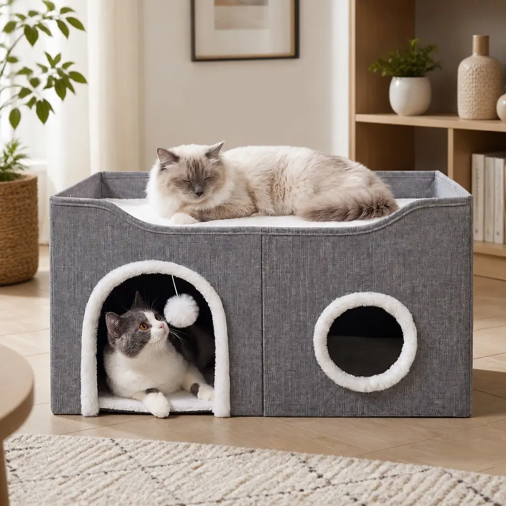 Foldable Cat House Bed Hideaway with Scratching Board Light Grey 60cm x 40cm x 33cm