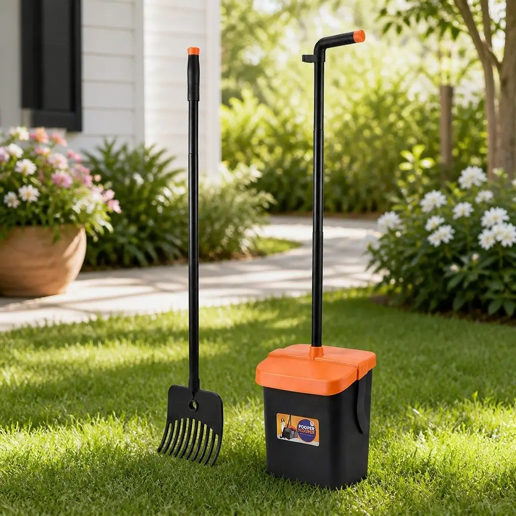 Dog Pooper Scooper Rake Long Handle No Bending Outdoor Cleanup Black and Orange