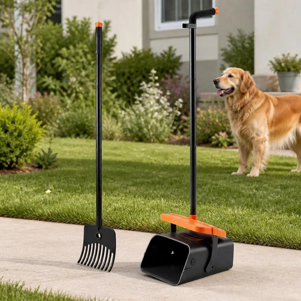 Dog Pooper Scooper Rake Long Handle No Bending Outdoor Cleanup Black and Orange