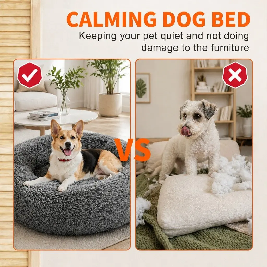 Round Plush Pet Bed Nest Calming Sleep 90cm Dark Grey
