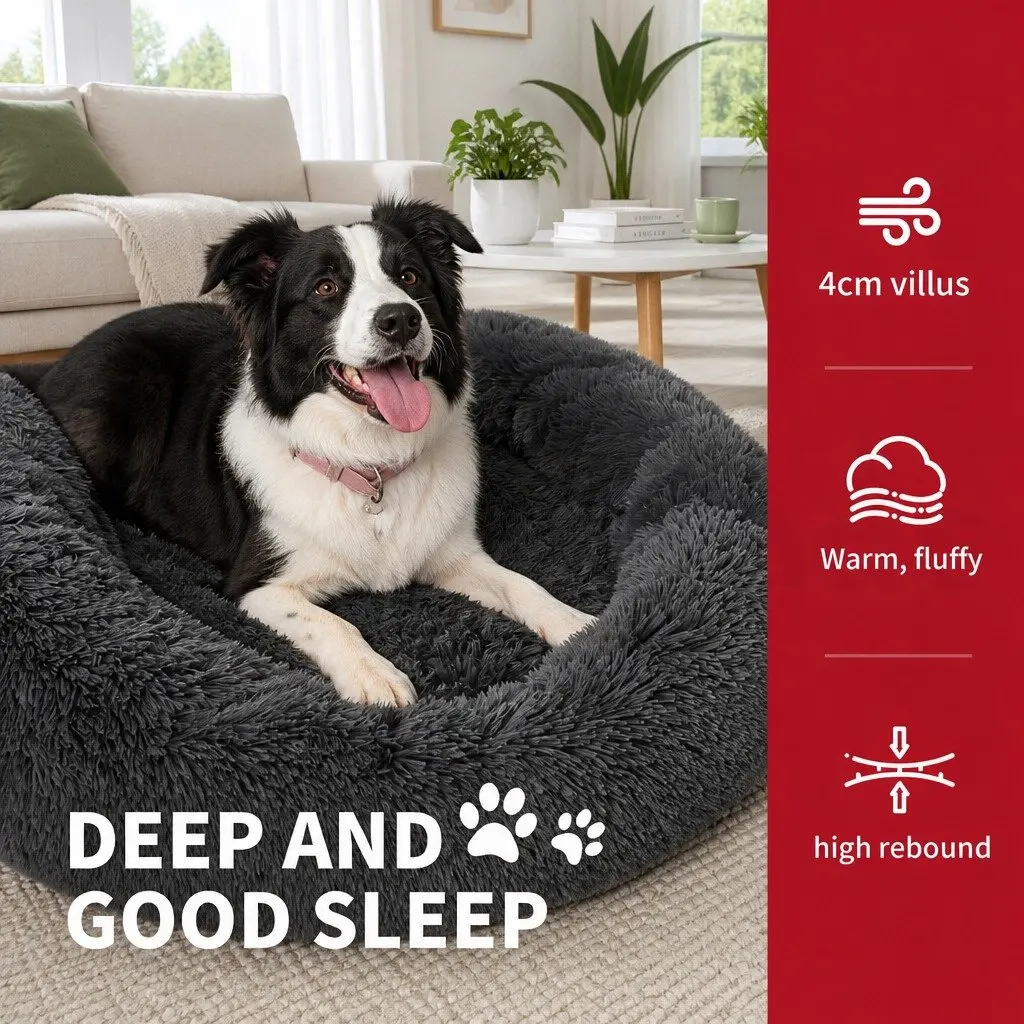Round Plush Pet Bed Nest Calming Sleep 90cm Dark Grey
