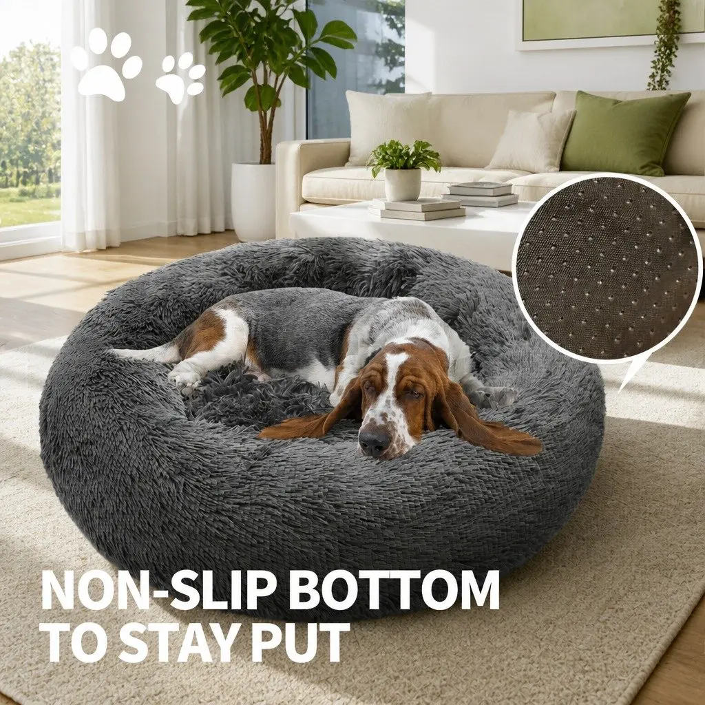 Round Plush Pet Bed Nest Calming Sleep 90cm Dark Grey