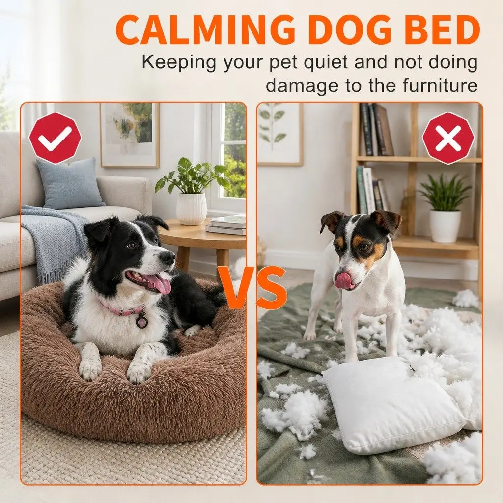 Round Plush Dog Bed Coffee 70cm Diameter Soft Nesting Sleeping Kennel