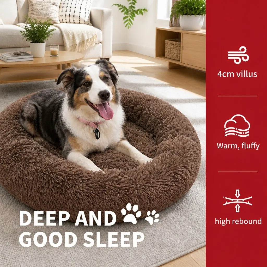 Round Plush Dog Bed Coffee 70cm Diameter Soft Nesting Sleeping Kennel