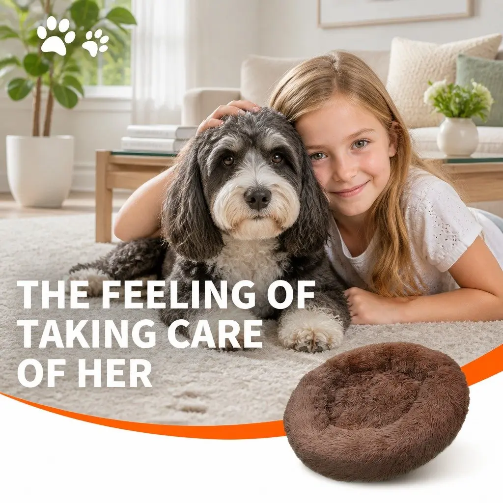 Round Plush Dog Bed Coffee 70cm Diameter Soft Nesting Sleeping Kennel