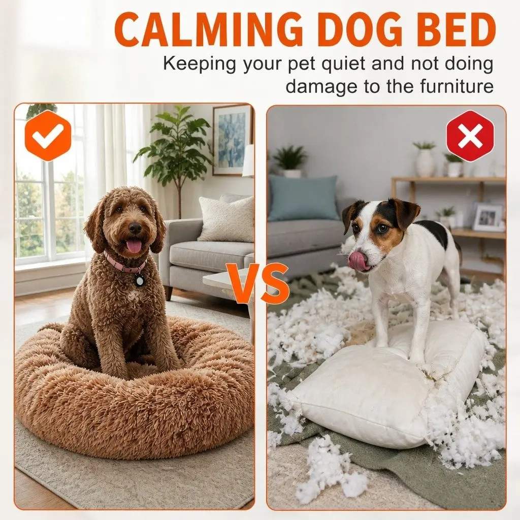 Round Pet Bed Calming Soft Plush 70cm Brown