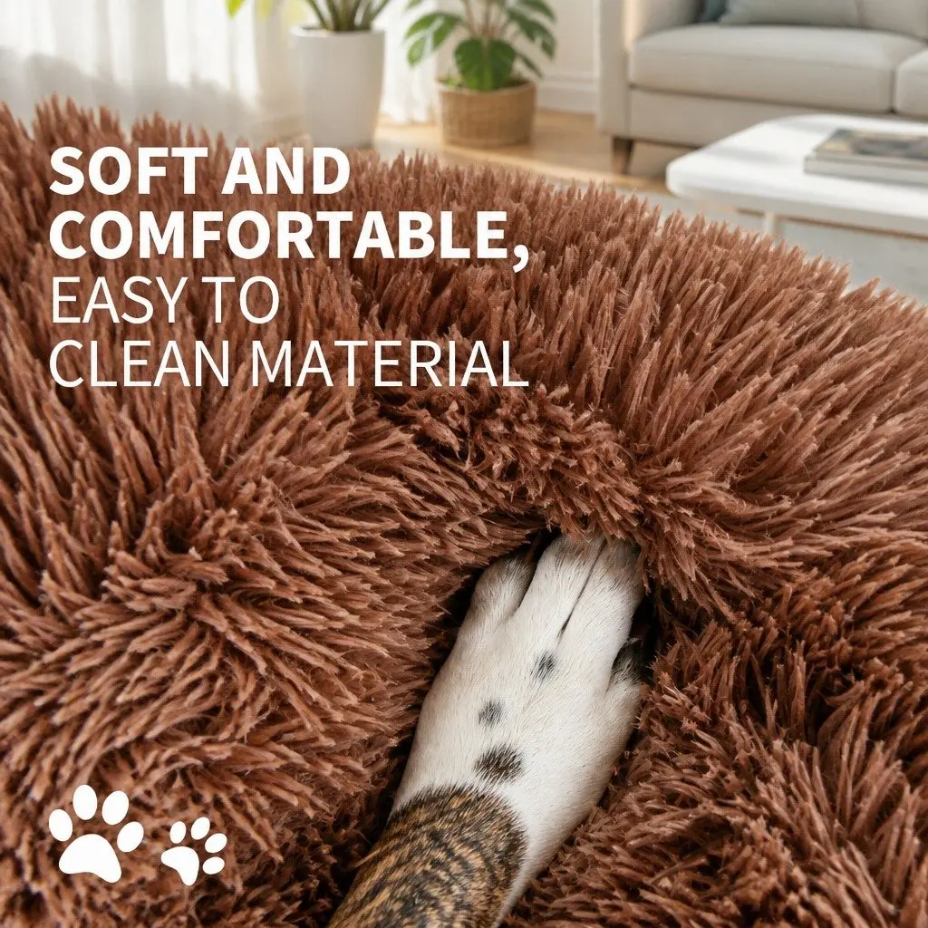 Round Pet Bed Calming Soft Plush 70cm Brown