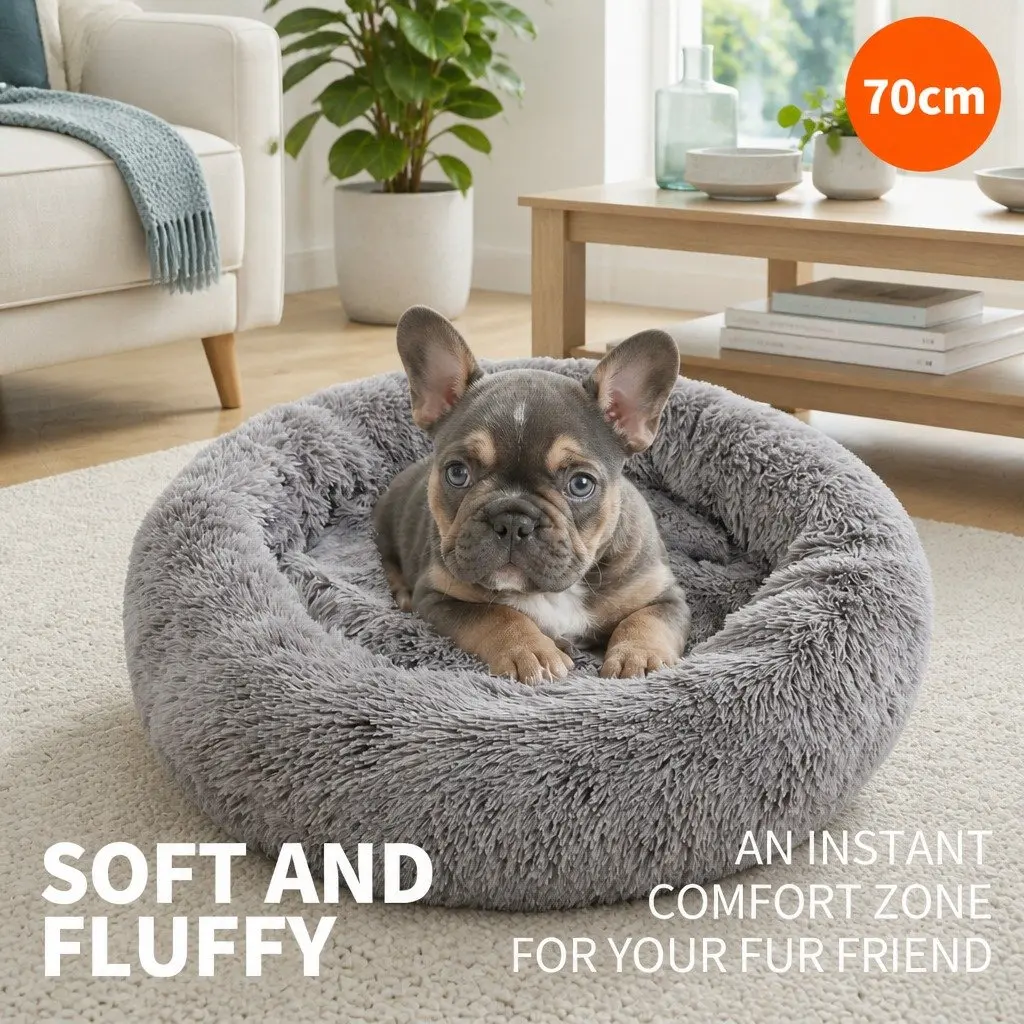 Round Plush Pet Calming Bed Soft Sleeping Nest 70cm Dark Grey