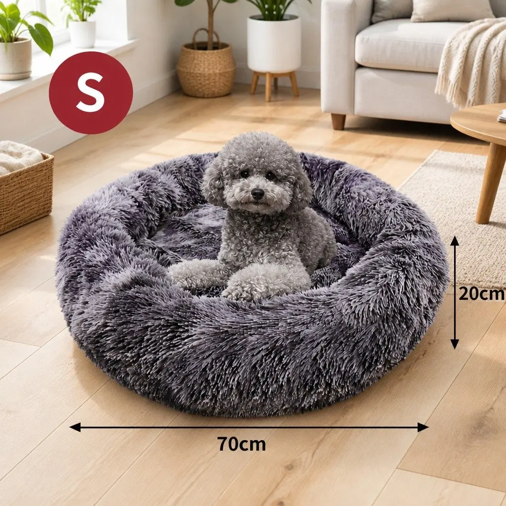 Round Plush Pet Calming Bed Soft Sleeping Nest 70cm Dark Grey