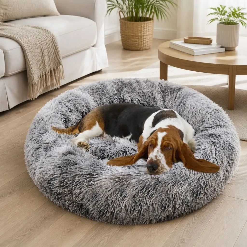 Round Plush Pet Calming Bed Soft Sleeping Nest 70cm Dark Grey