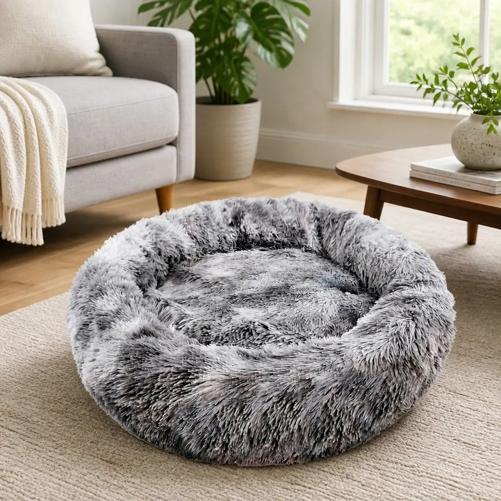 Round Plush Pet Calming Bed Soft Sleeping Nest 70cm Dark Grey