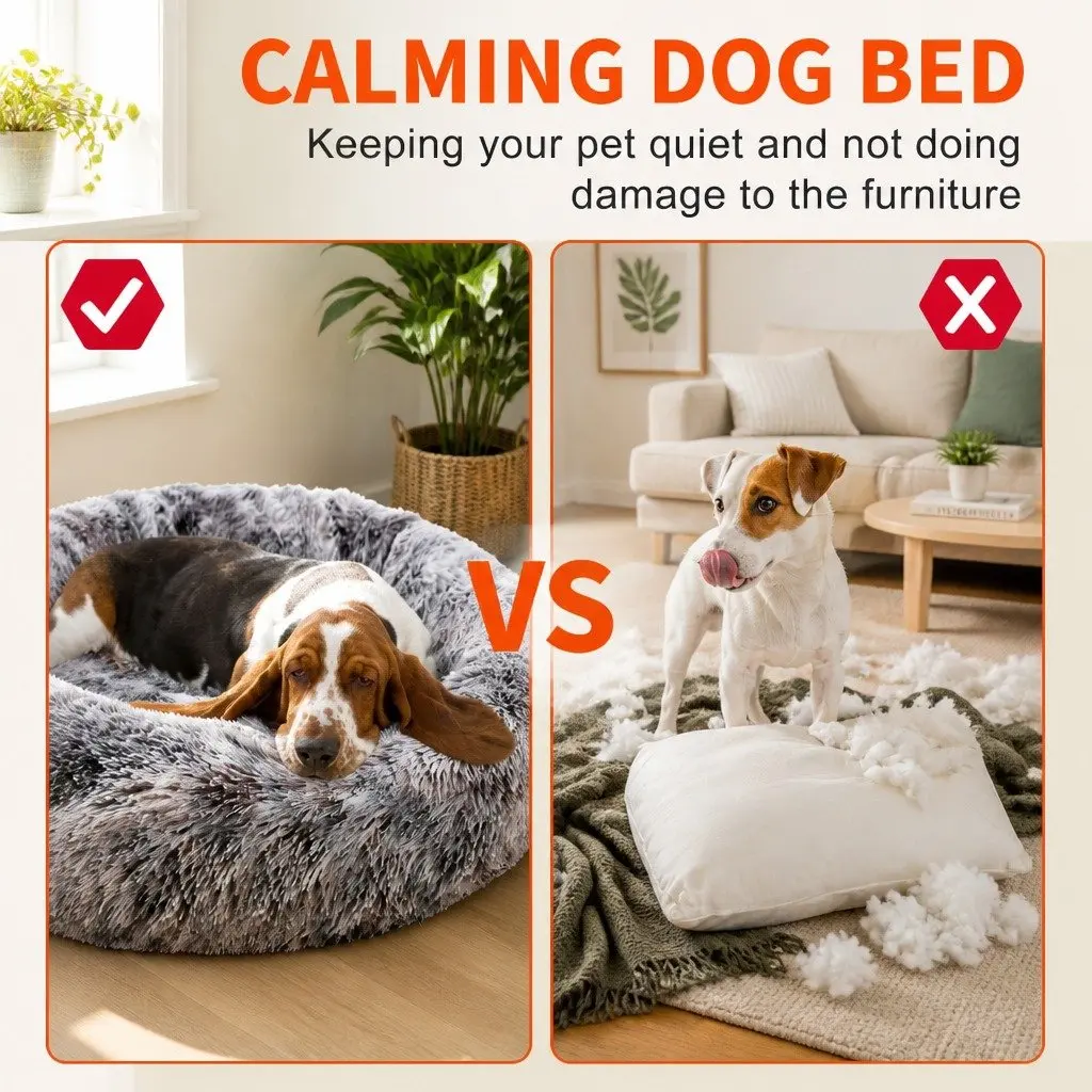 Round Plush Pet Calming Bed Soft Sleeping Nest 70cm Dark Grey