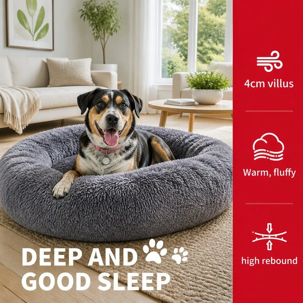 Round Plush Pet Calming Bed Soft Sleeping Nest 70cm Dark Grey