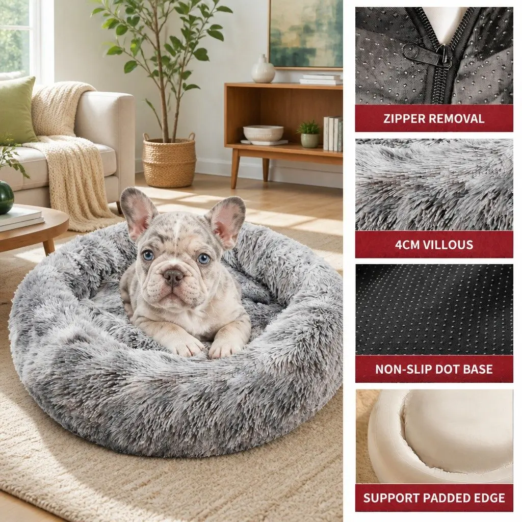 Round Plush Pet Calming Bed Soft Sleeping Nest 70cm Dark Grey