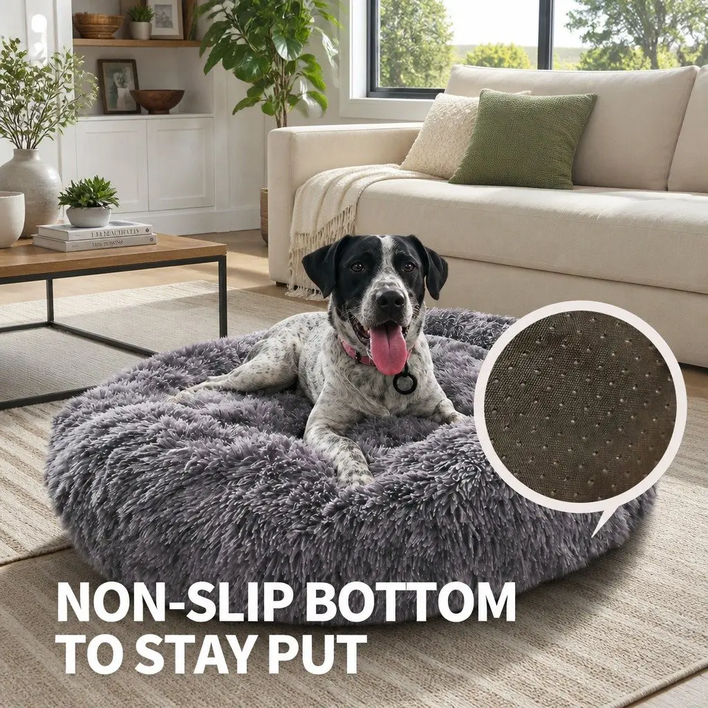 Round Plush Pet Calming Bed Soft Sleeping Nest 70cm Dark Grey