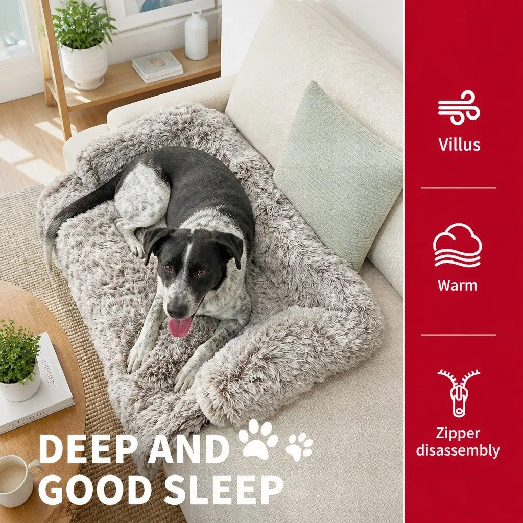 Pet Sofa Bed Dog Calming Cushion Large Gradient Brown Plush Mat Cover Protector