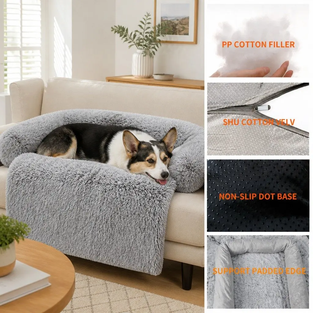 Pet Sofa Bed Dog Calming Cushion Large Gradient Brown Plush Mat Cover Protector