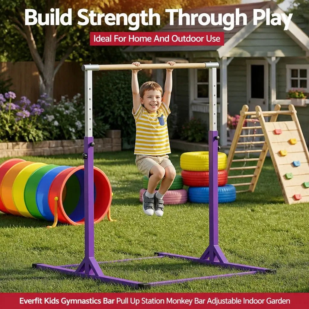 Kids Gymnastics Bar Adjustable Height Indoor Outdoor Training 103 to 158cm Purple