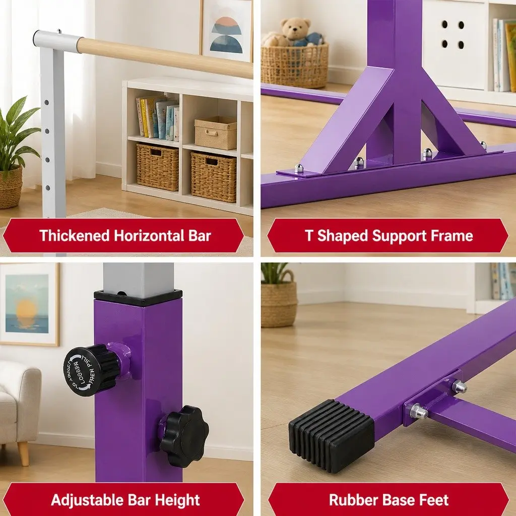 Kids Gymnastics Bar Adjustable Height Indoor Outdoor Training 103 to 158cm Purple