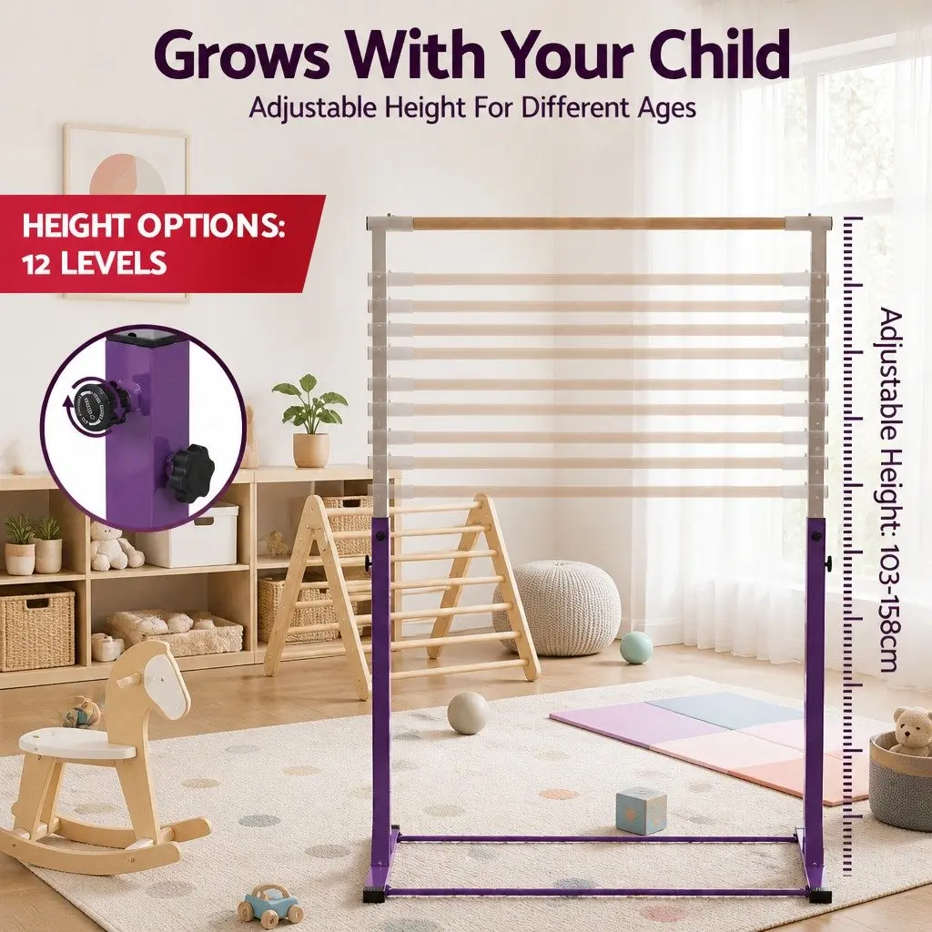Kids Gymnastics Bar Adjustable Height Indoor Outdoor Training 103 to 158cm Purple