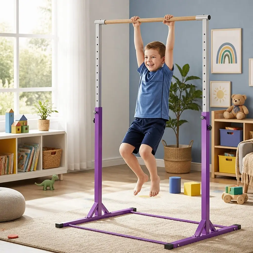 Kids Gymnastics Bar Adjustable Height Indoor Outdoor Training 103 to 158cm Purple