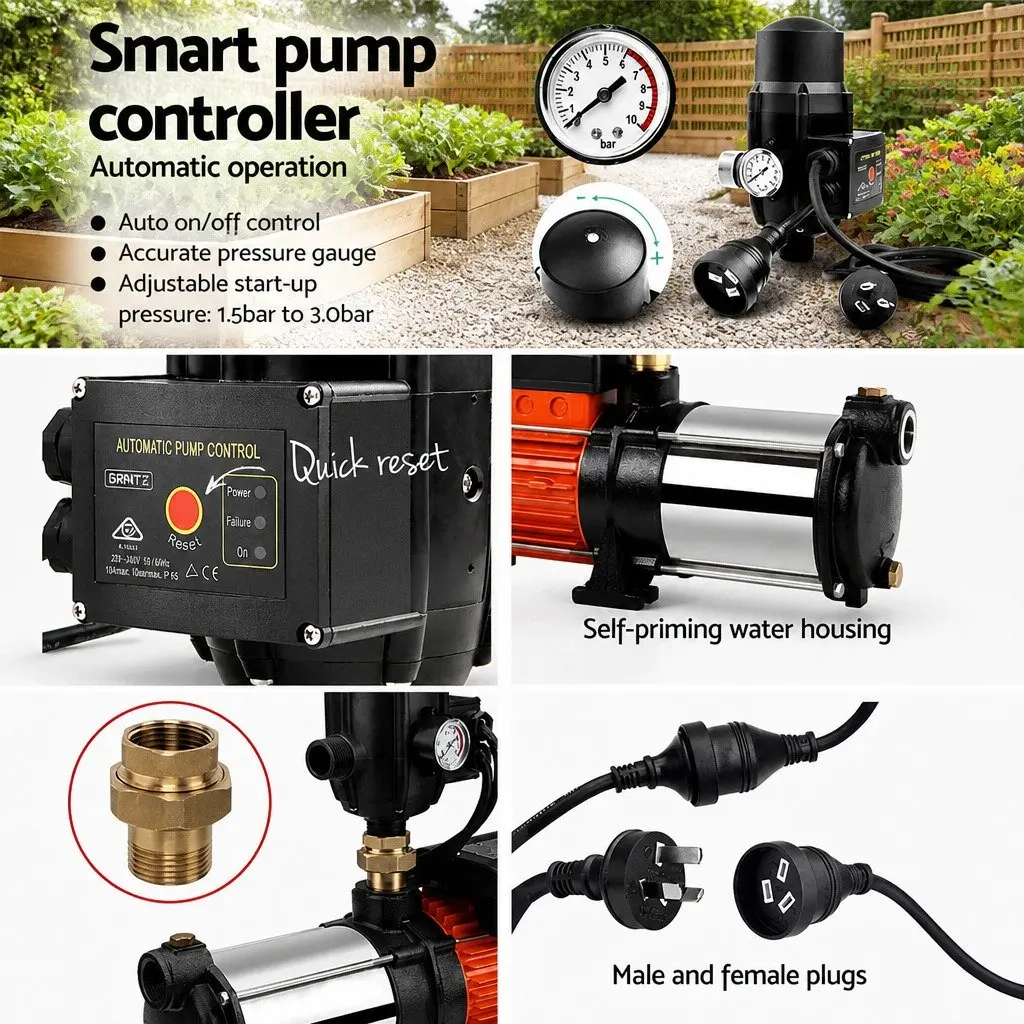 Irrigation Pump Automatic Pressure Booster 1800W Self-Priming Stainless Steel Black