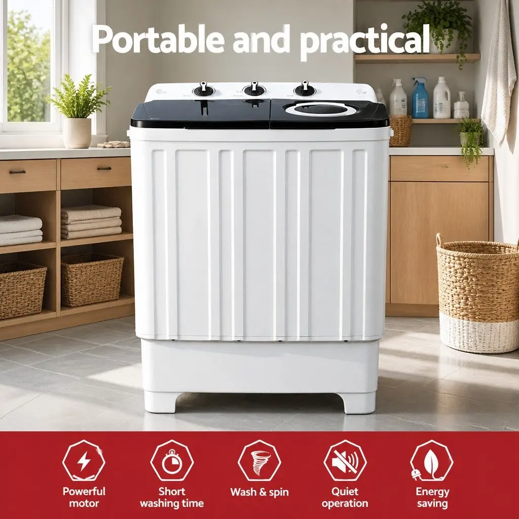Portable Washing Machine Twin Tub 7KG Capacity Compact Laundry White