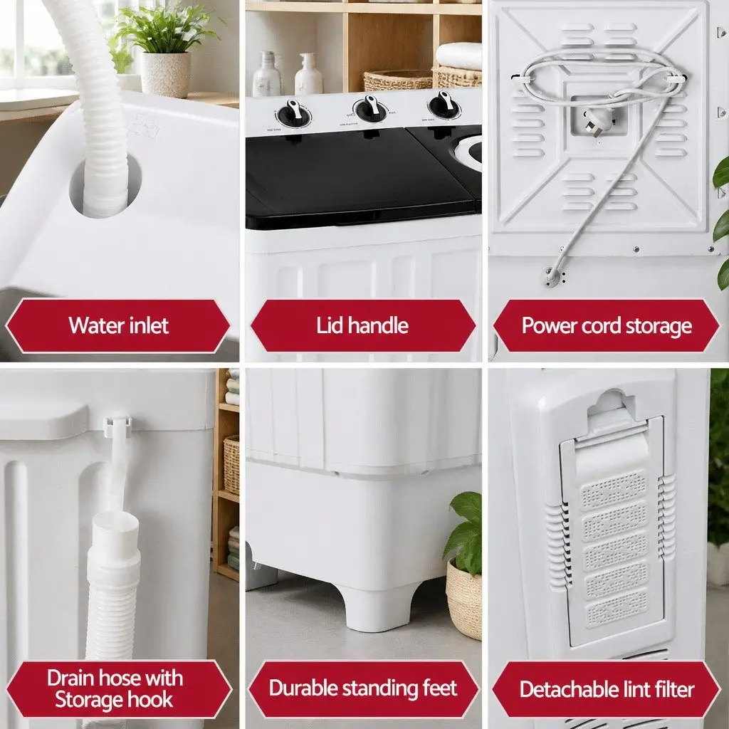 Portable Washing Machine Twin Tub 7KG Capacity Compact Laundry White