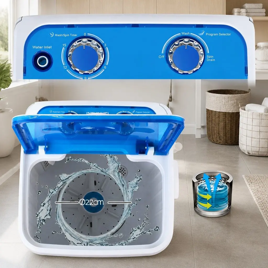 Portable Washing Machine 4.6KG Mini Twin Tub Camping Caravan Spin Dryer Blue