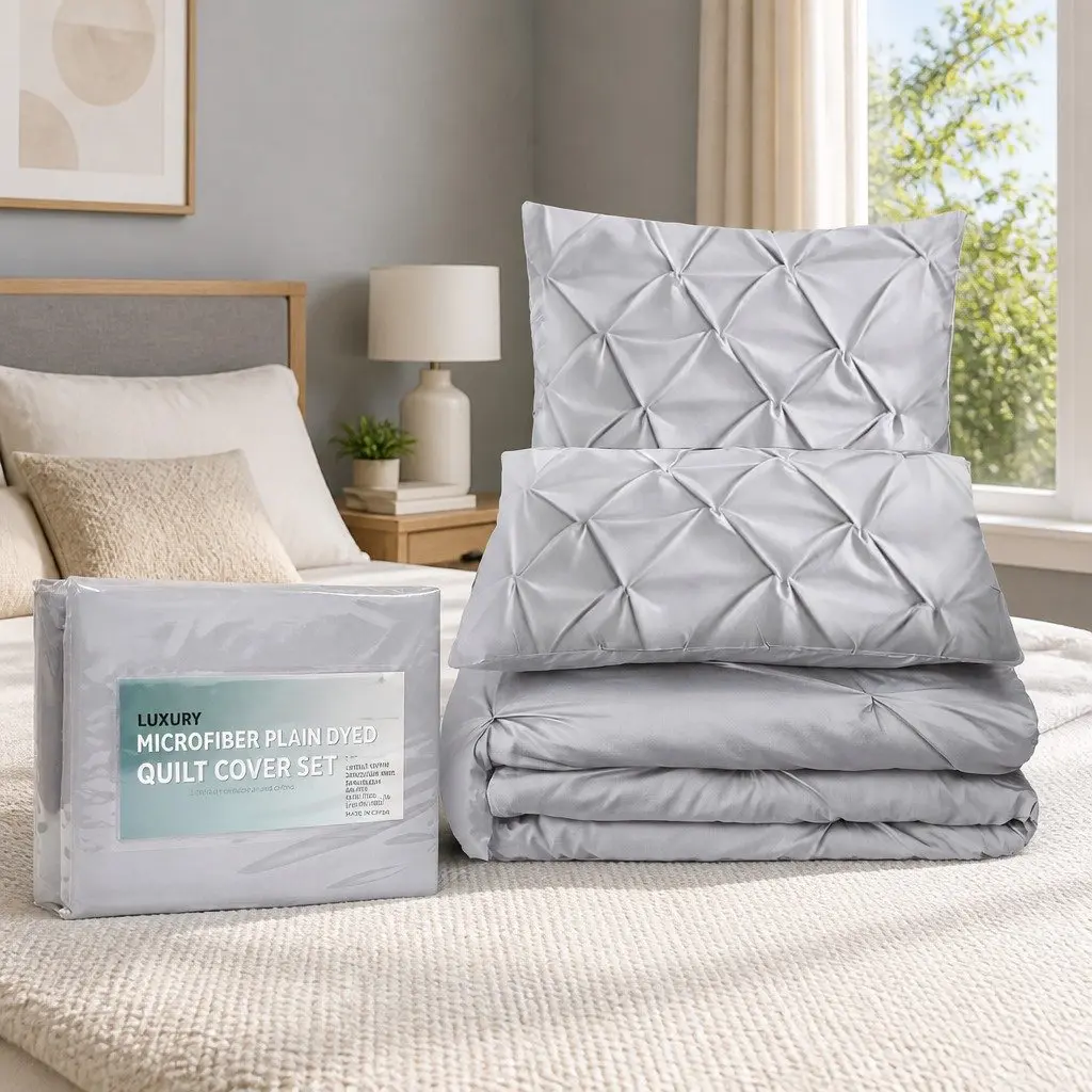 King Quilt Cover Set Grey Diamond Pintuck 3 Piece