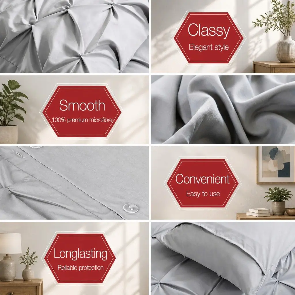 King Quilt Cover Set Grey Diamond Pintuck 3 Piece