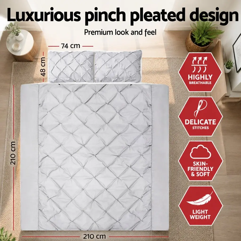 Queen Quilt Cover Set 3 Piece Pinch Pleat Diamond Bedding Grey