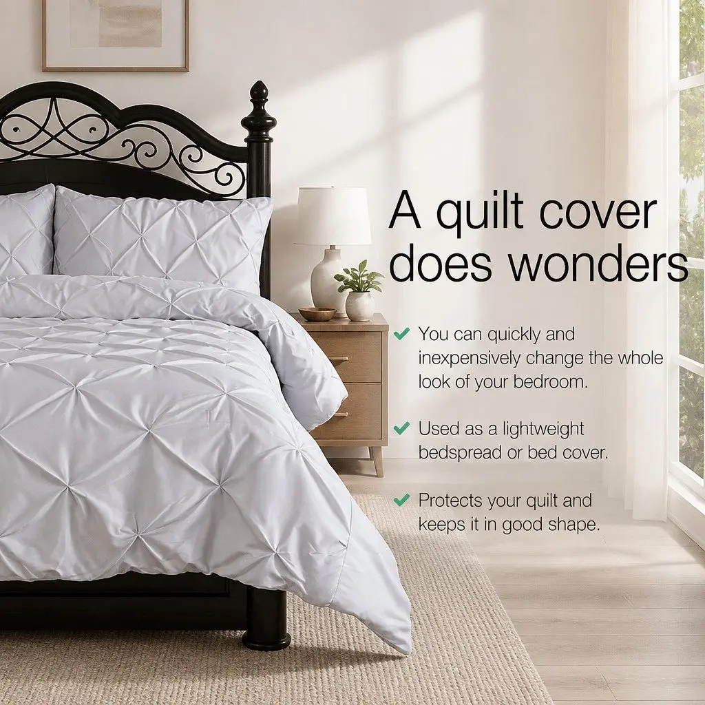 Queen Quilt Cover Set 3 Piece Pinch Pleat Diamond Bedding Grey