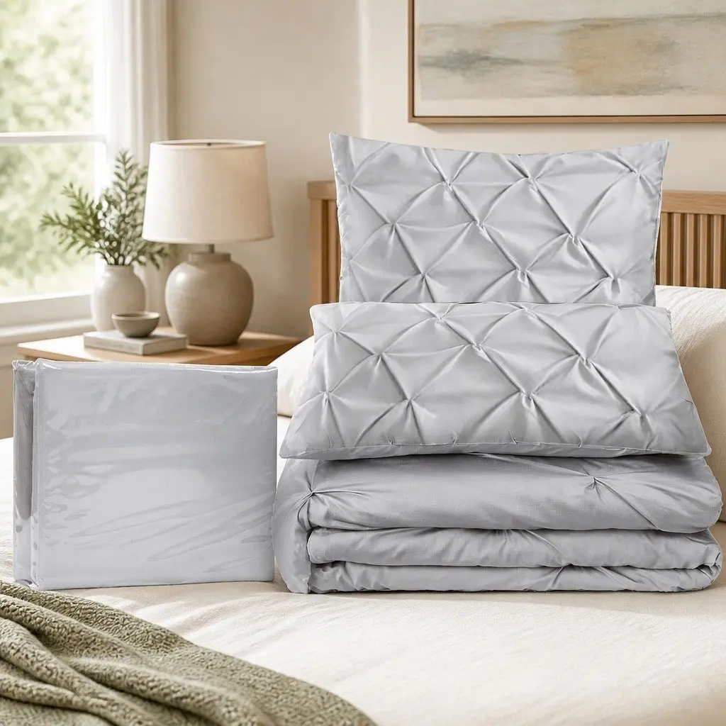 Queen Quilt Cover Set 3 Piece Pinch Pleat Diamond Bedding Grey