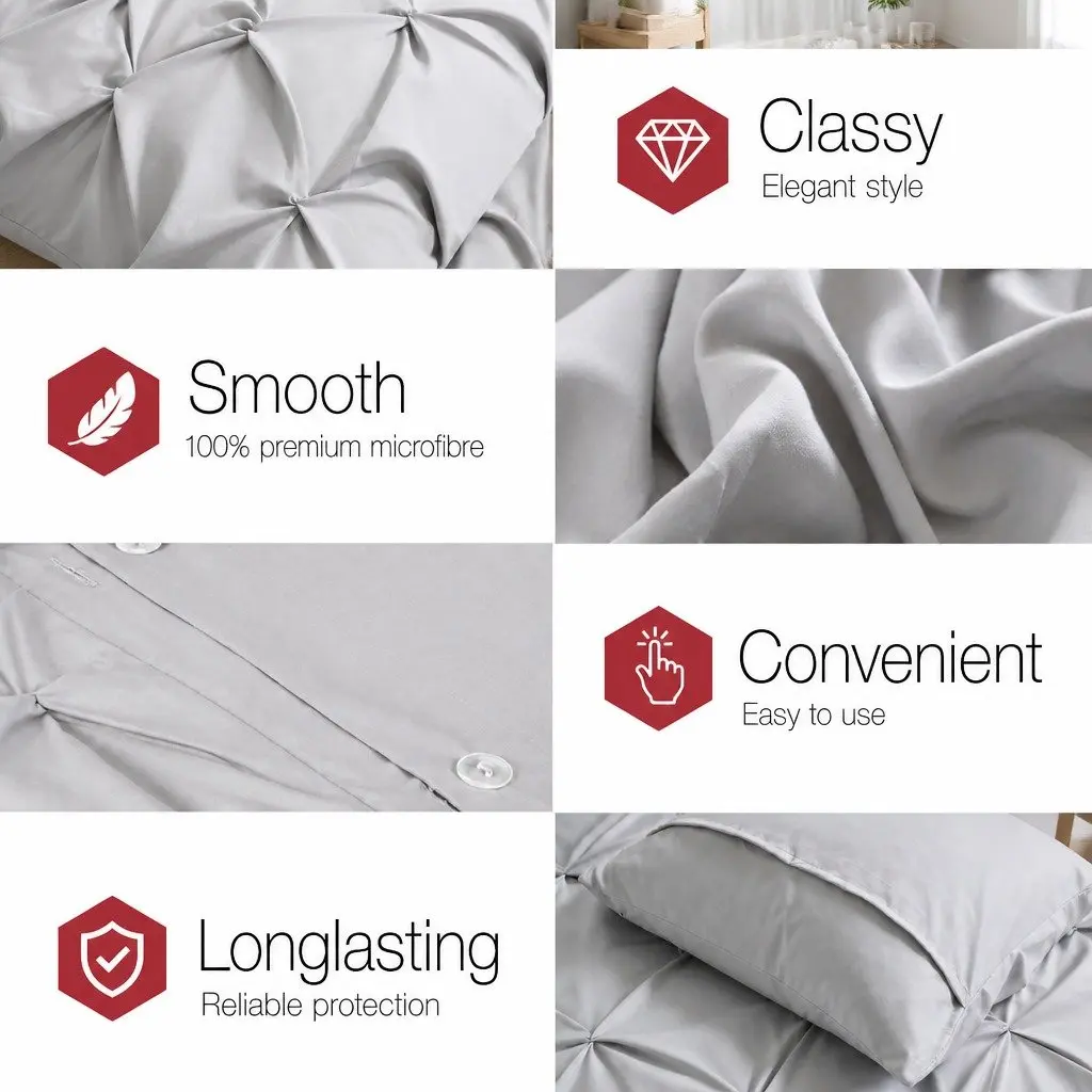 Queen Quilt Cover Set 3 Piece Pinch Pleat Diamond Bedding Grey