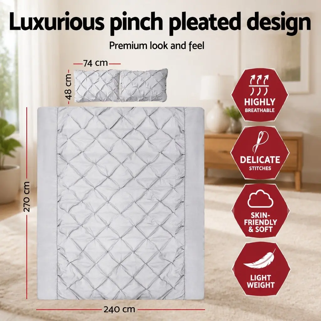 Quilt Cover Set Super King Grey Diamond Pintuck 3 Piece Bedding Duvet Pillows