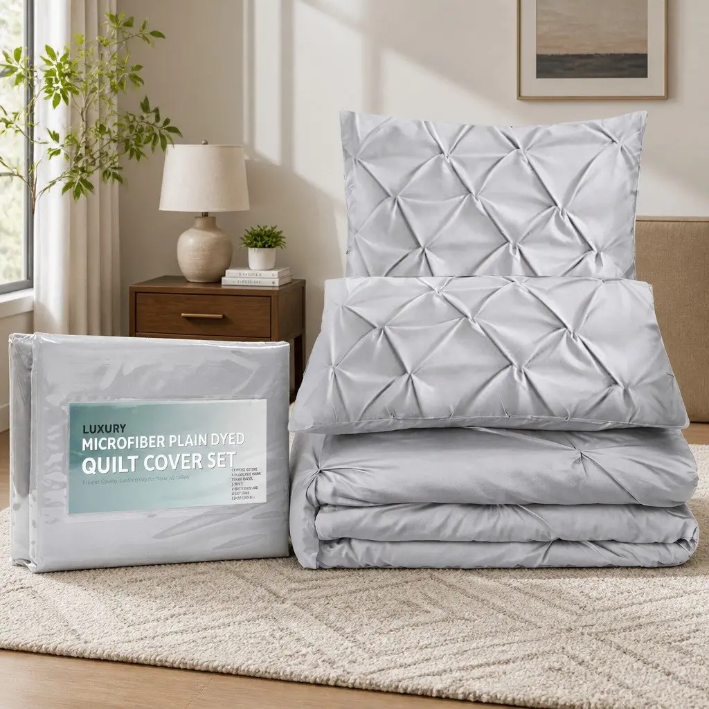 Quilt Cover Set Super King Grey Diamond Pintuck 3 Piece Bedding Duvet Pillows