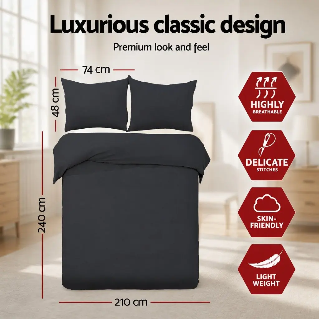 King Quilt Cover Set Duvet Bedding 3 Piece Black
