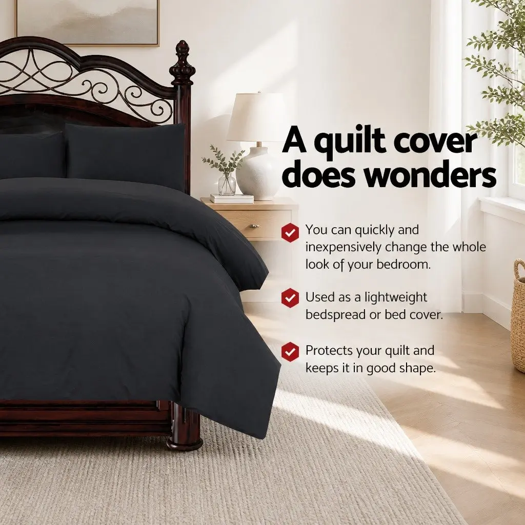 King Quilt Cover Set Duvet Bedding 3 Piece Black