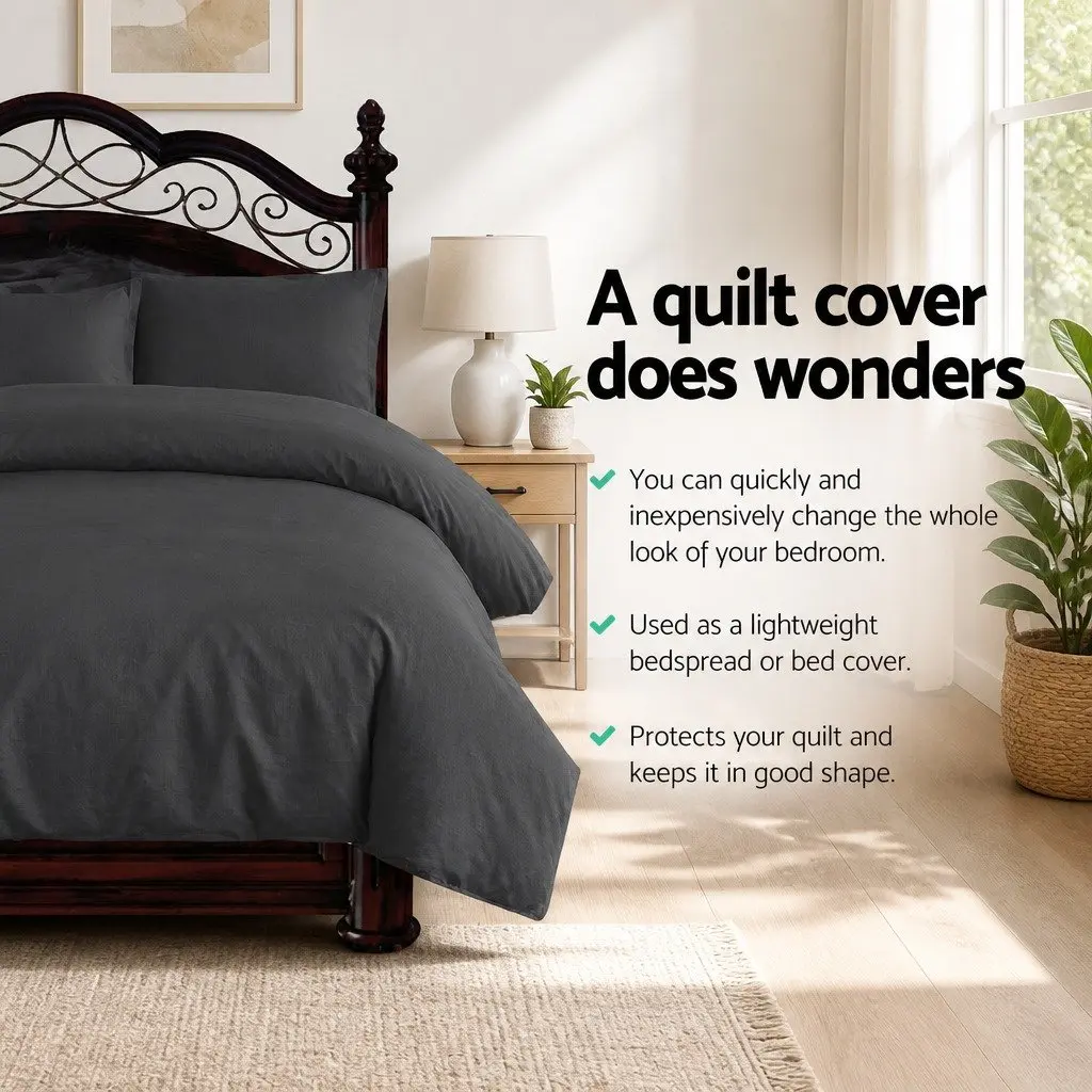 Queen Quilt Cover Set 3 Piece Bedding Duvet Pillowcase Black