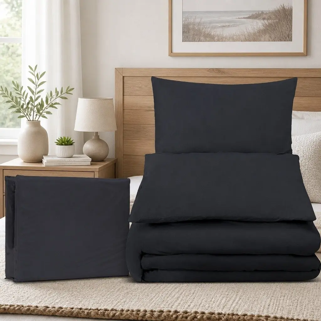Queen Quilt Cover Set 3 Piece Bedding Duvet Pillowcase Black
