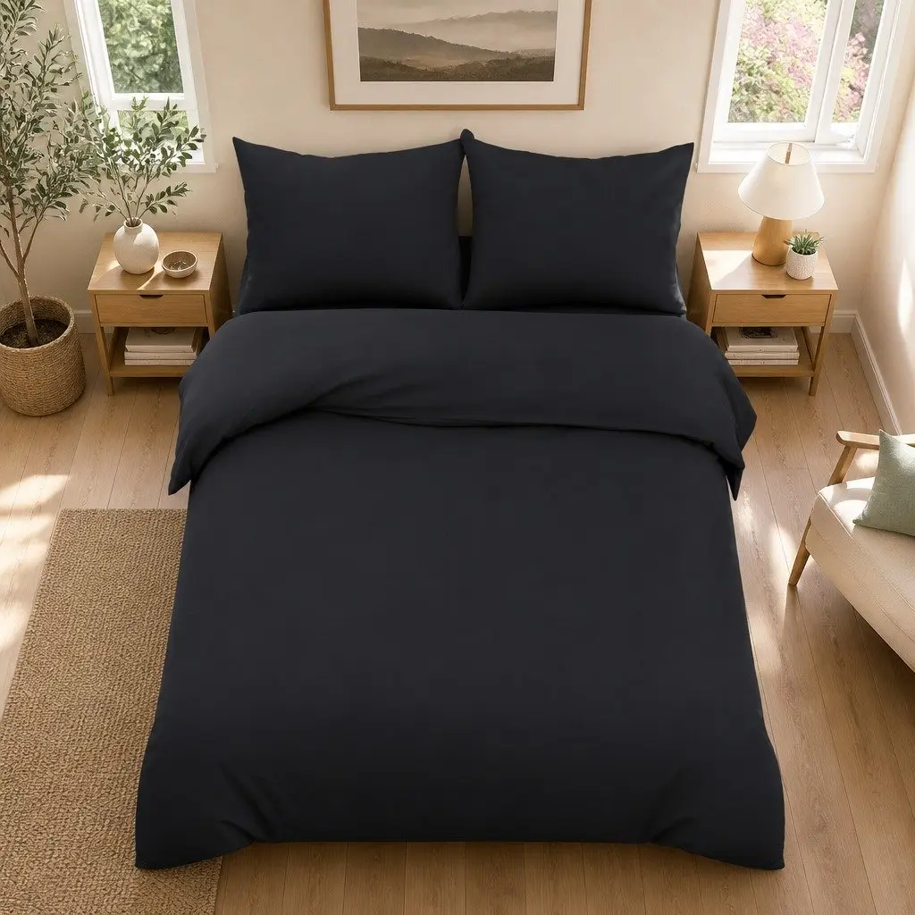 Quilt Cover Set Super King Black Microfibre 3 Piece Duvet Bedding