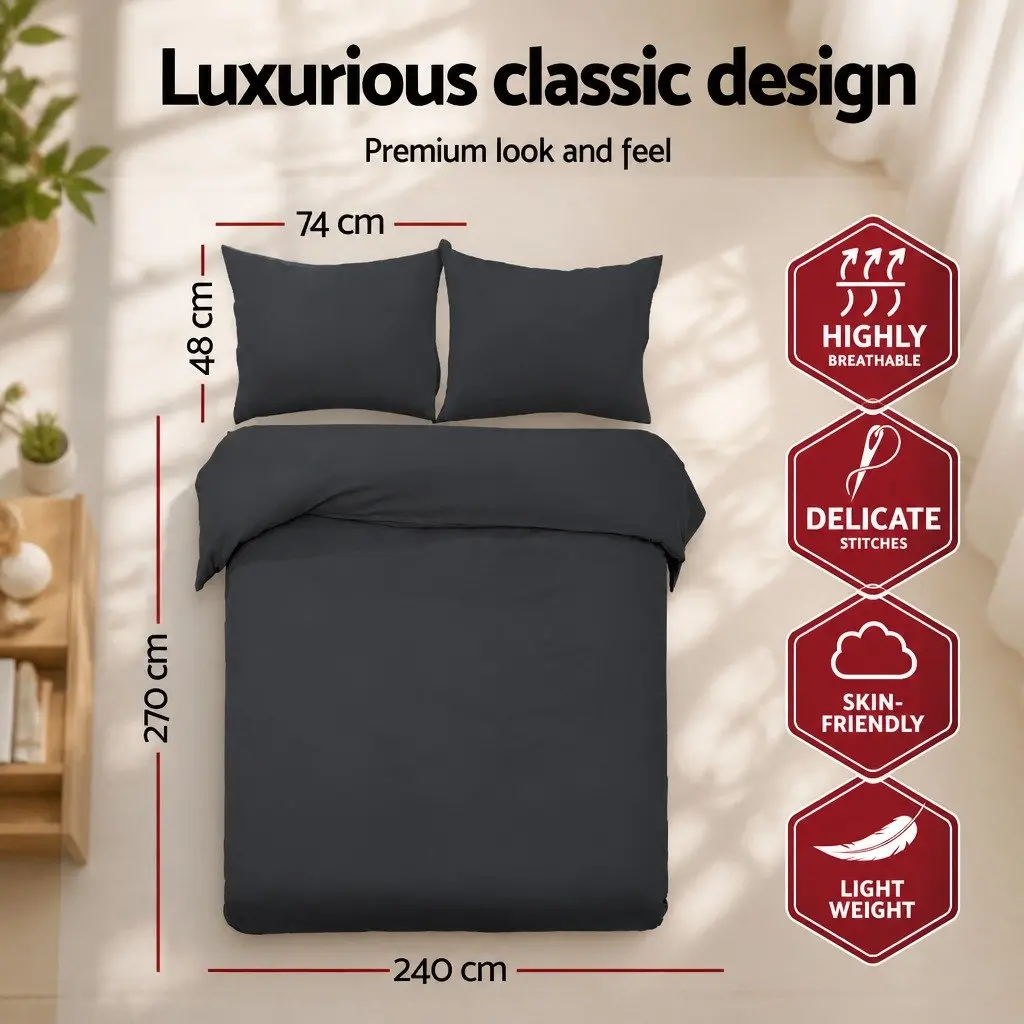 Quilt Cover Set Super King Black Microfibre 3 Piece Duvet Bedding