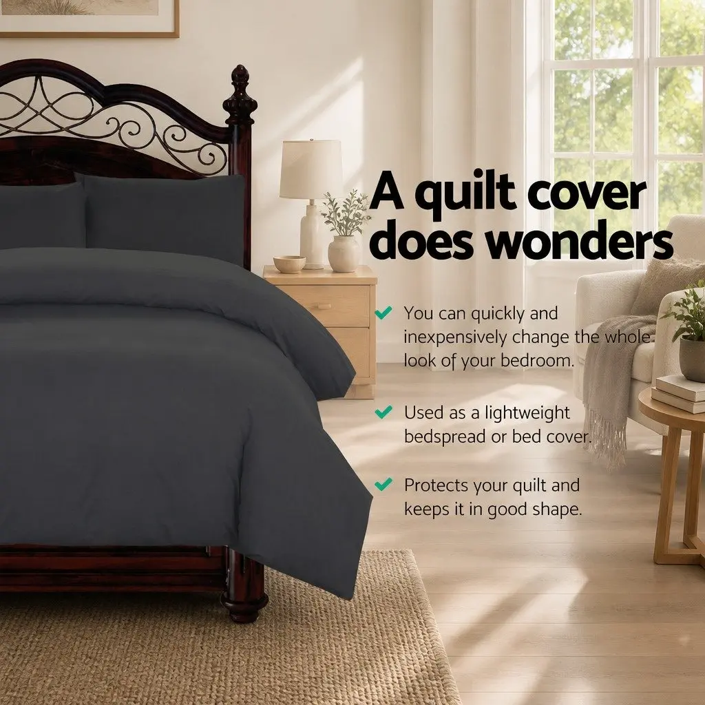 Quilt Cover Set Super King Black Microfibre 3 Piece Duvet Bedding
